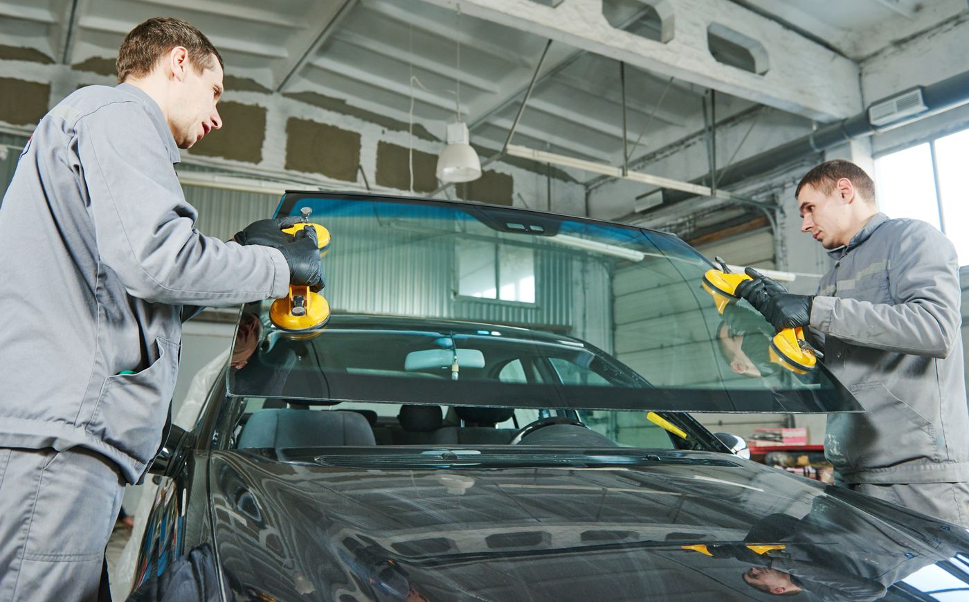 Technicians installing a windshield